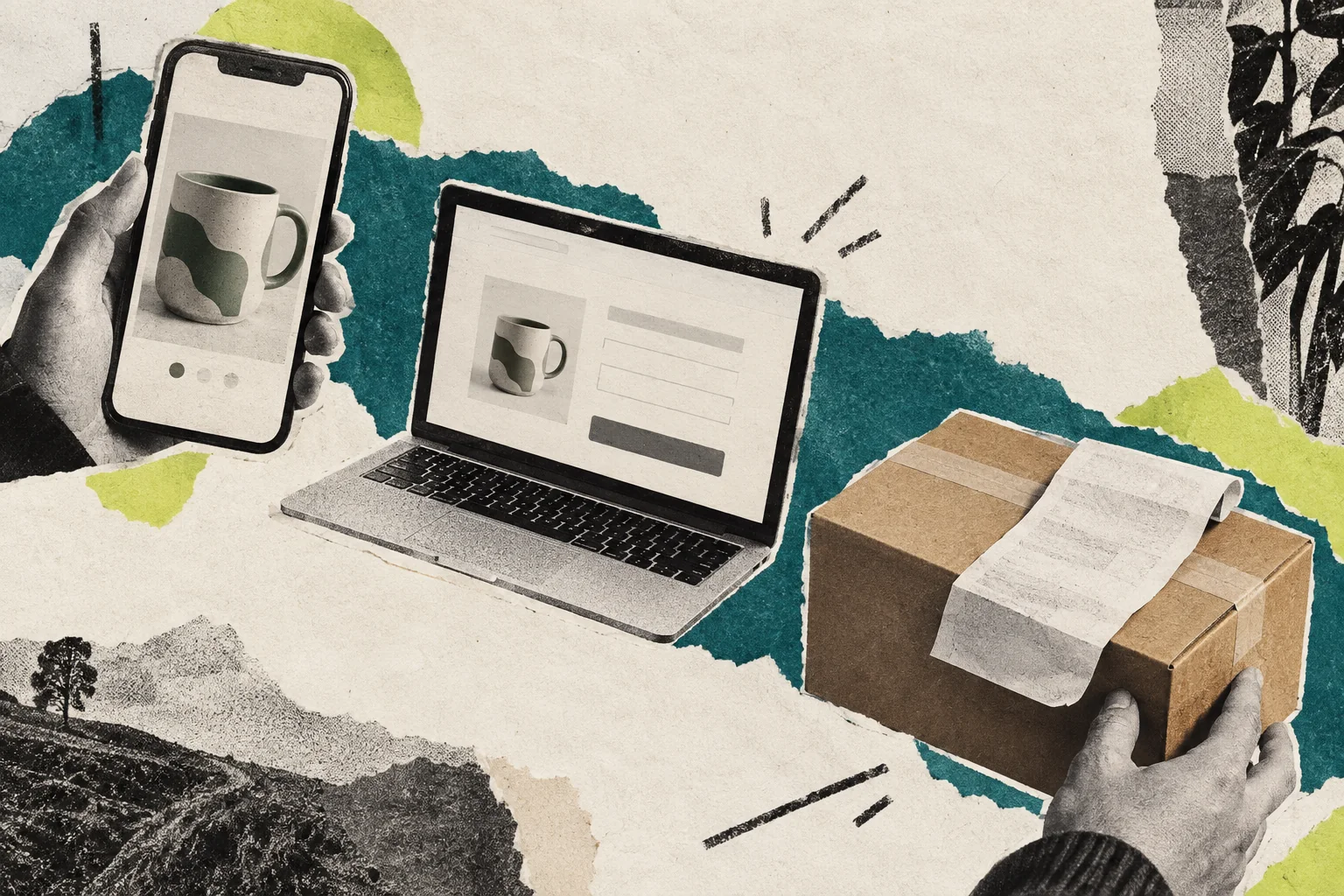 Colagem de celular, computador e pacote representa o caminho da compra até o envio.