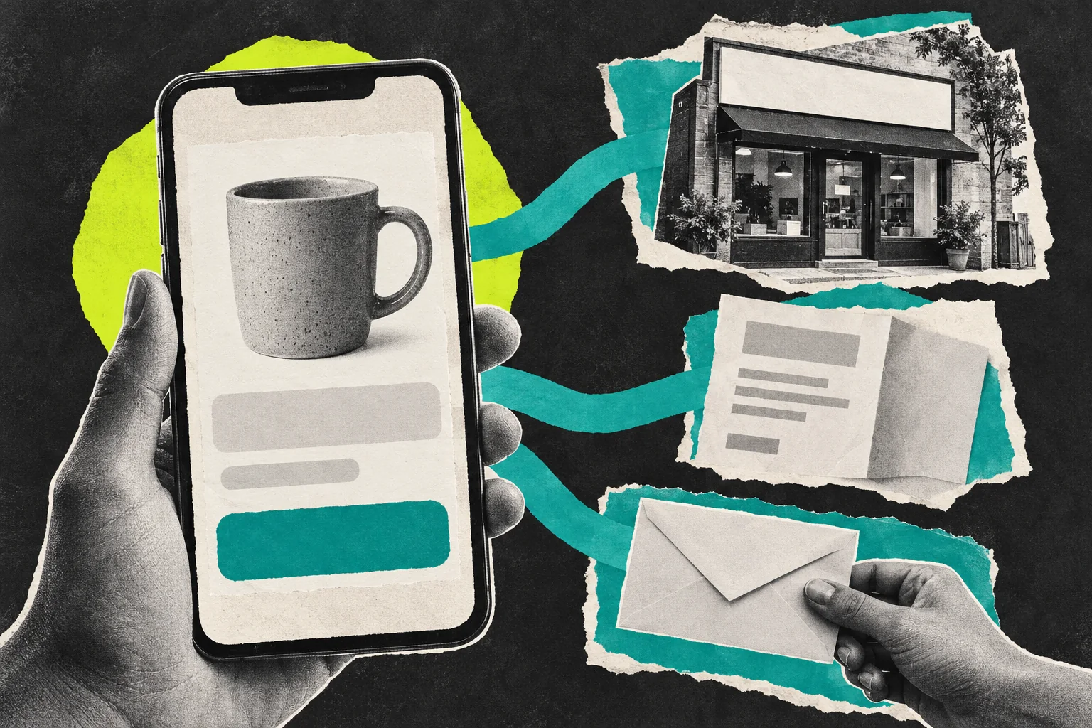Colagem conecta uma loja no celular à fachada, aos dados da empresa e ao contato.