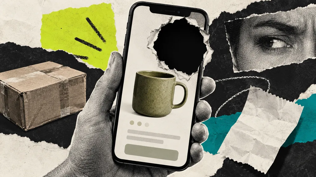 Colagem de celular com tela rasgada, olhar desconfiado e pacote de entrega.