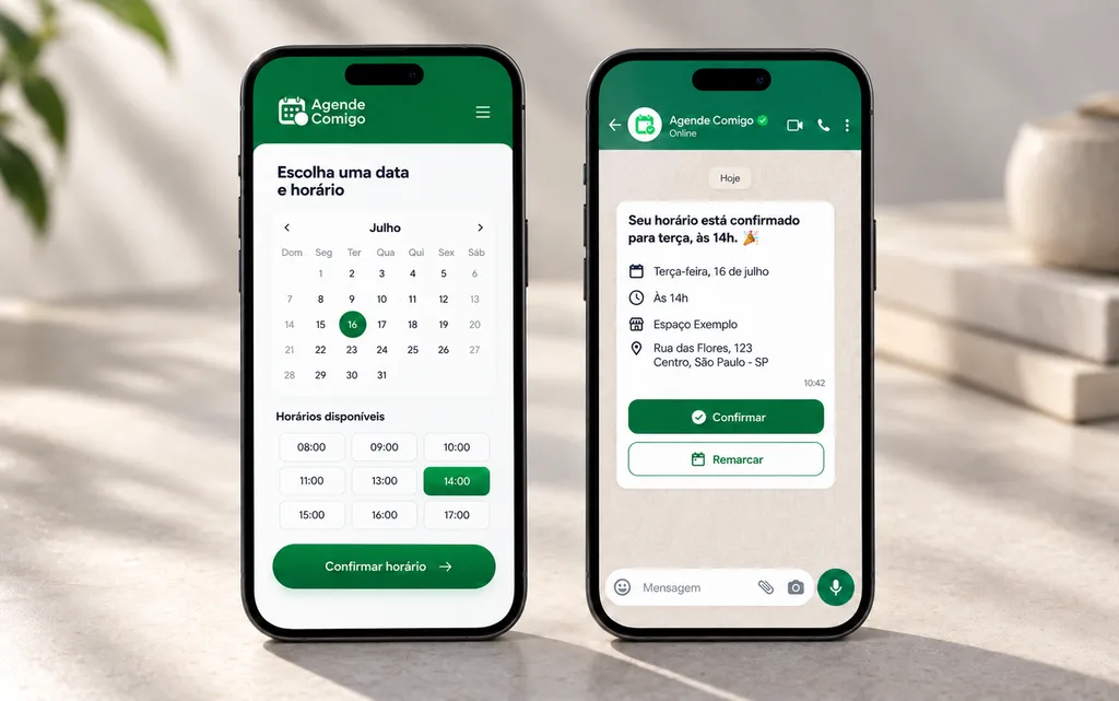 Exemplo ilustrativo do agendamento no celular: escolha do horário e a confirmação recebida pelo WhatsApp