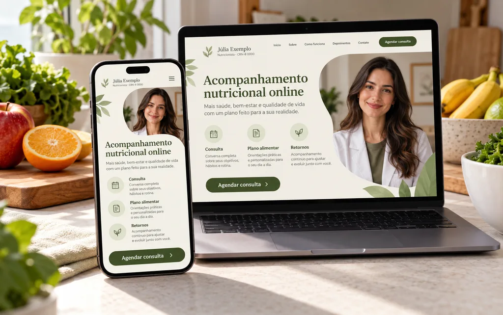 Exemplo ilustrativo de página de nutricionista em celular e notebook, com o nome, o CRN, a descrição do acompanhamento e o botão de agendar consulta