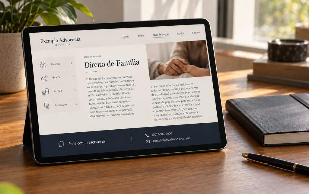Exemplo ilustrativo de página de área de atuação em tablet, com um texto explicativo sobre direito de família e o contato do escritório