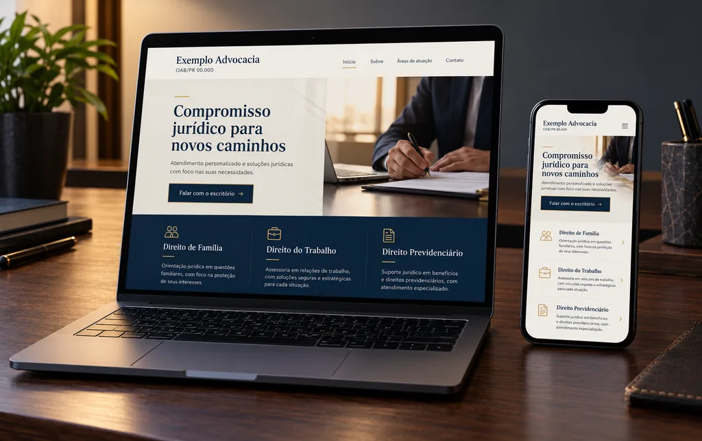 Exemplo ilustrativo de site de escritório de advocacia em notebook e celular, com o nome da sociedade, o número da OAB e as áreas de atuação
