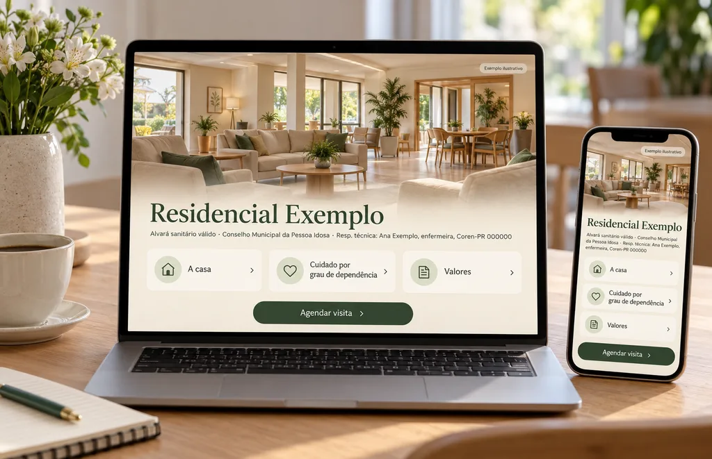 Exemplo ilustrativo de site de residencial para idosos em notebook e celular, com fotos da casa, o responsável técnico, os documentos e o botão de agendar visita