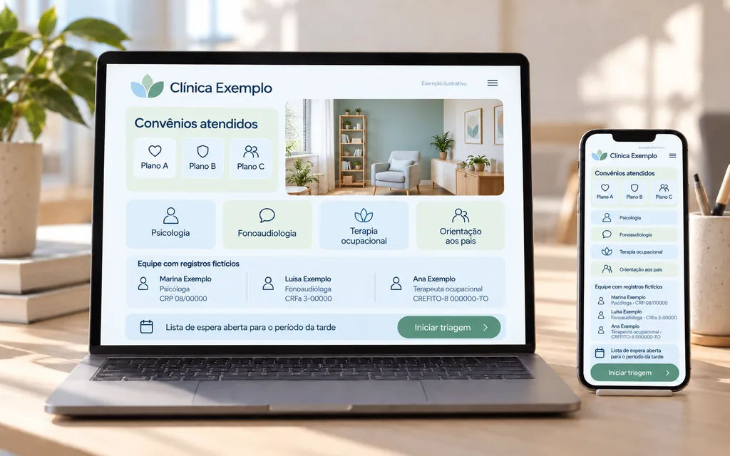 Exemplo ilustrativo de site de clínica multidisciplinar em notebook e celular, com os convênios, a equipe com registros, as terapias e o botão de triagem