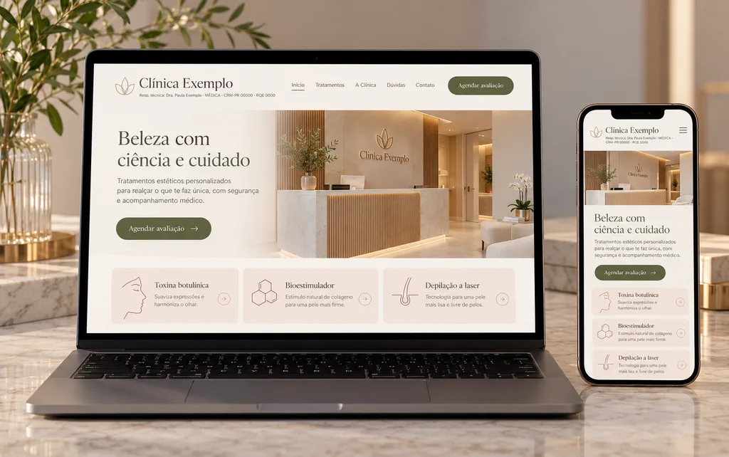 Exemplo ilustrativo de site de clínica de estética em notebook e celular, com os tratamentos, a equipe com registros e o botão de agendar