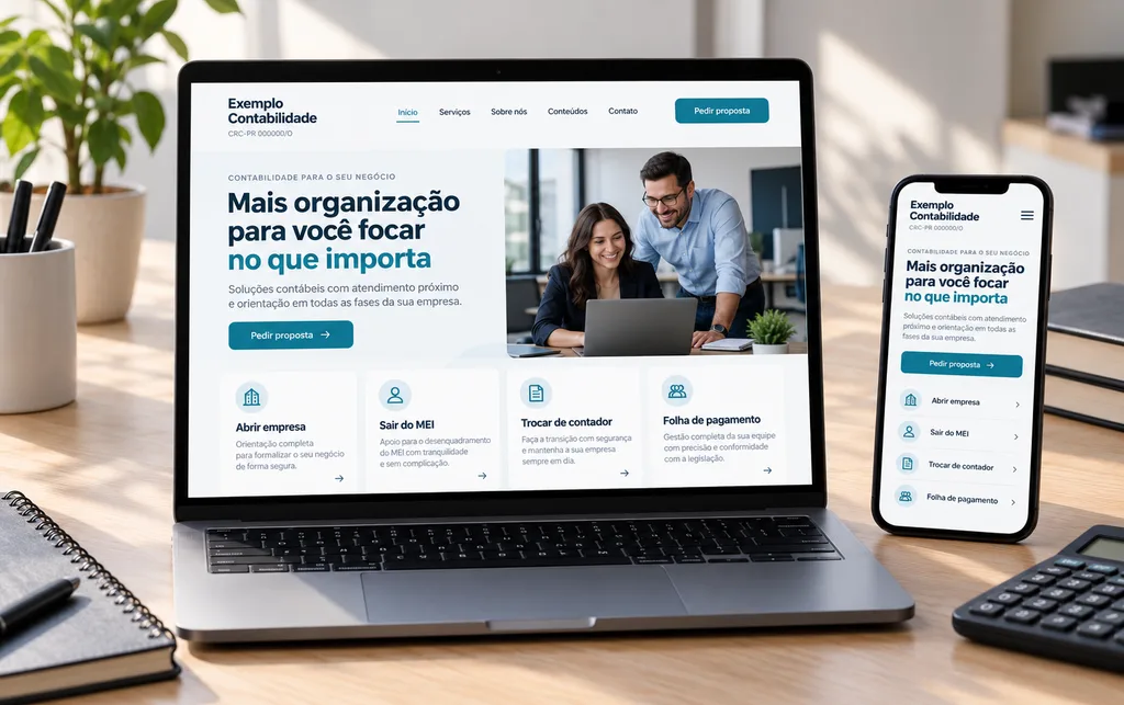 Exemplo ilustrativo de site de escritório de contabilidade em notebook e celular, com os serviços por tipo de empresa, o registro no CRC e o botão de pedir proposta