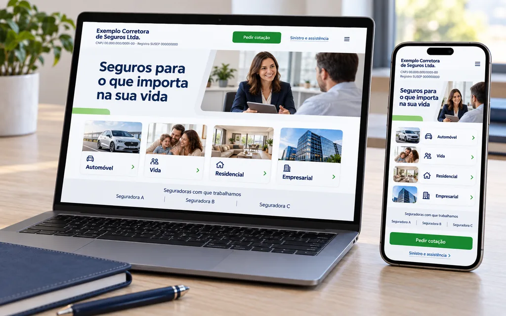 Exemplo ilustrativo de site de corretora de seguros em notebook e celular, com a identificação da corretora, as seguradoras parceiras, os ramos de seguro e o botão de pedir cotação