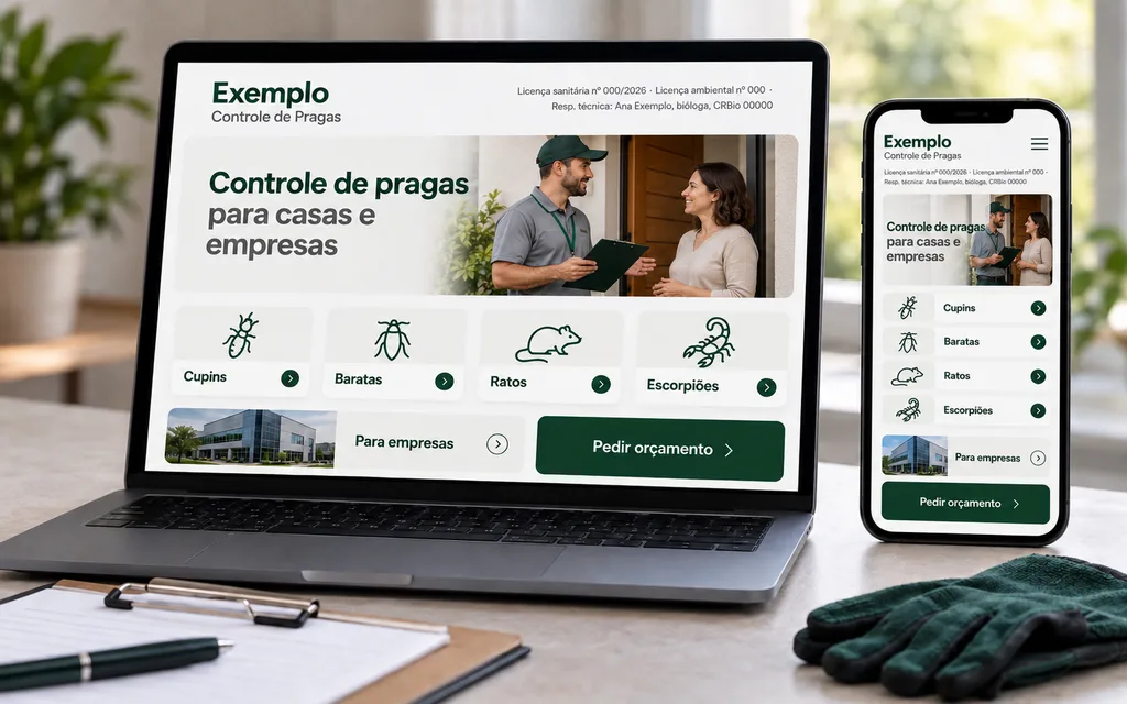 Exemplo ilustrativo de site de dedetizadora em notebook e celular, com o número da licença sanitária, o responsável técnico, os serviços por praga e o botão de pedir orçamento