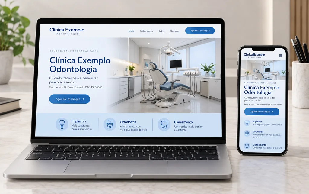 Exemplo ilustrativo de site de clínica odontológica em notebook e celular, com a identificação do dentista, os tratamentos e o botão de agendar