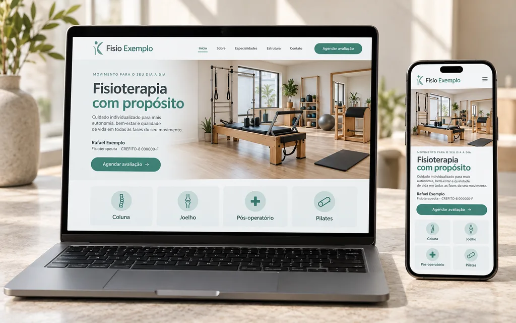 Exemplo ilustrativo de site de clínica de fisioterapia em notebook e celular, com o nome do fisioterapeuta, o CREFITO, as condições tratadas e o botão de agendar