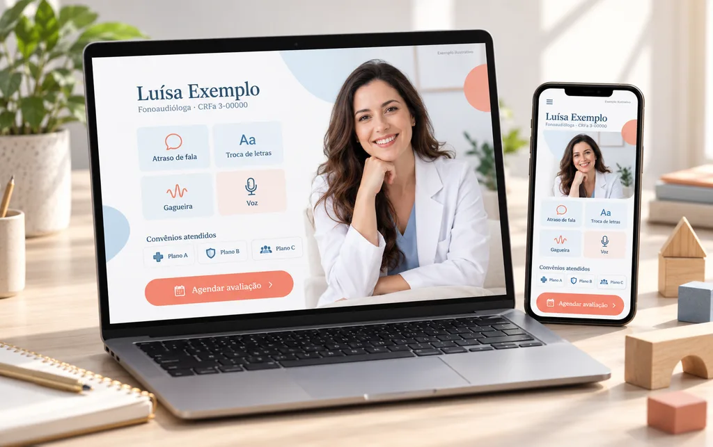 Exemplo ilustrativo de site de fonoaudióloga em notebook e celular, com o nome, o CRFa, as queixas atendidas, os convênios e o botão de agendar avaliação