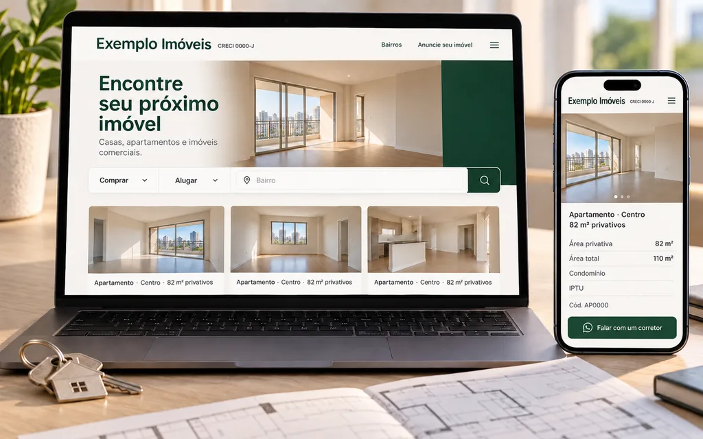 Exemplo ilustrativo de site de imobiliária em notebook e celular, com o nome e o CRECI da empresa, a busca por bairro, cartões de imóveis e a ficha com as áreas separadas