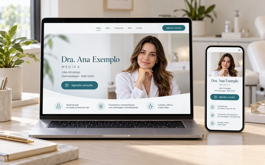 Exemplo ilustrativo de site de clínica em notebook e celular, com a identificação da médica, a especialidade e o botão de agendar na primeira tela