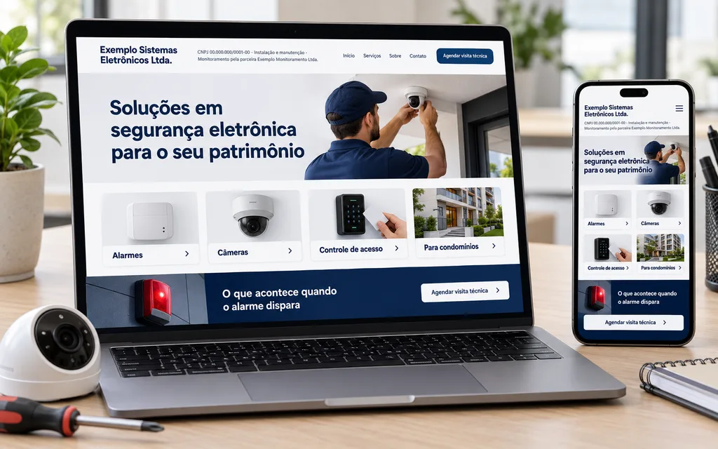Exemplo ilustrativo de site de empresa de segurança eletrônica em notebook e celular, com as soluções de alarme, câmeras e controle de acesso, a identificação da empresa e o botão de agendar visita técnica