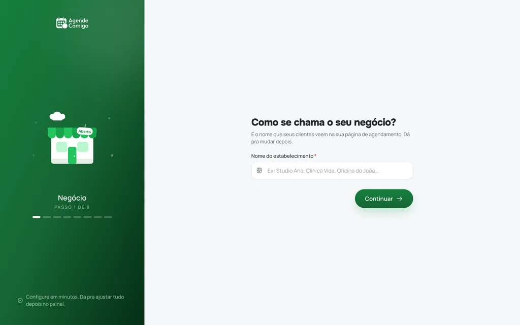 Primeira etapa do cadastro do Agende Comigo: o nome do negócio