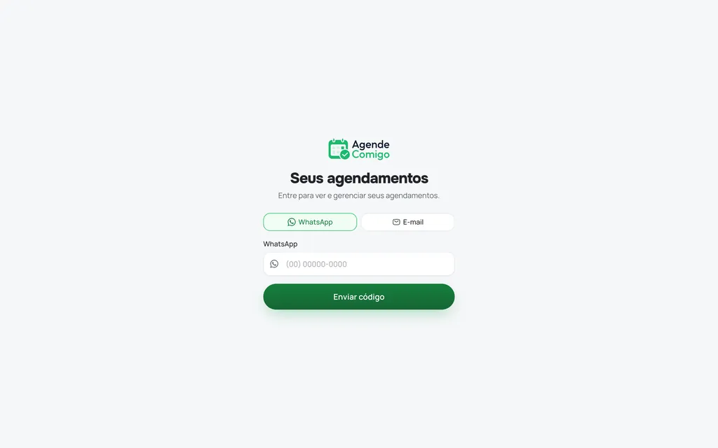 Área do cliente do Agende Comigo: entrada pelo WhatsApp, sem senha