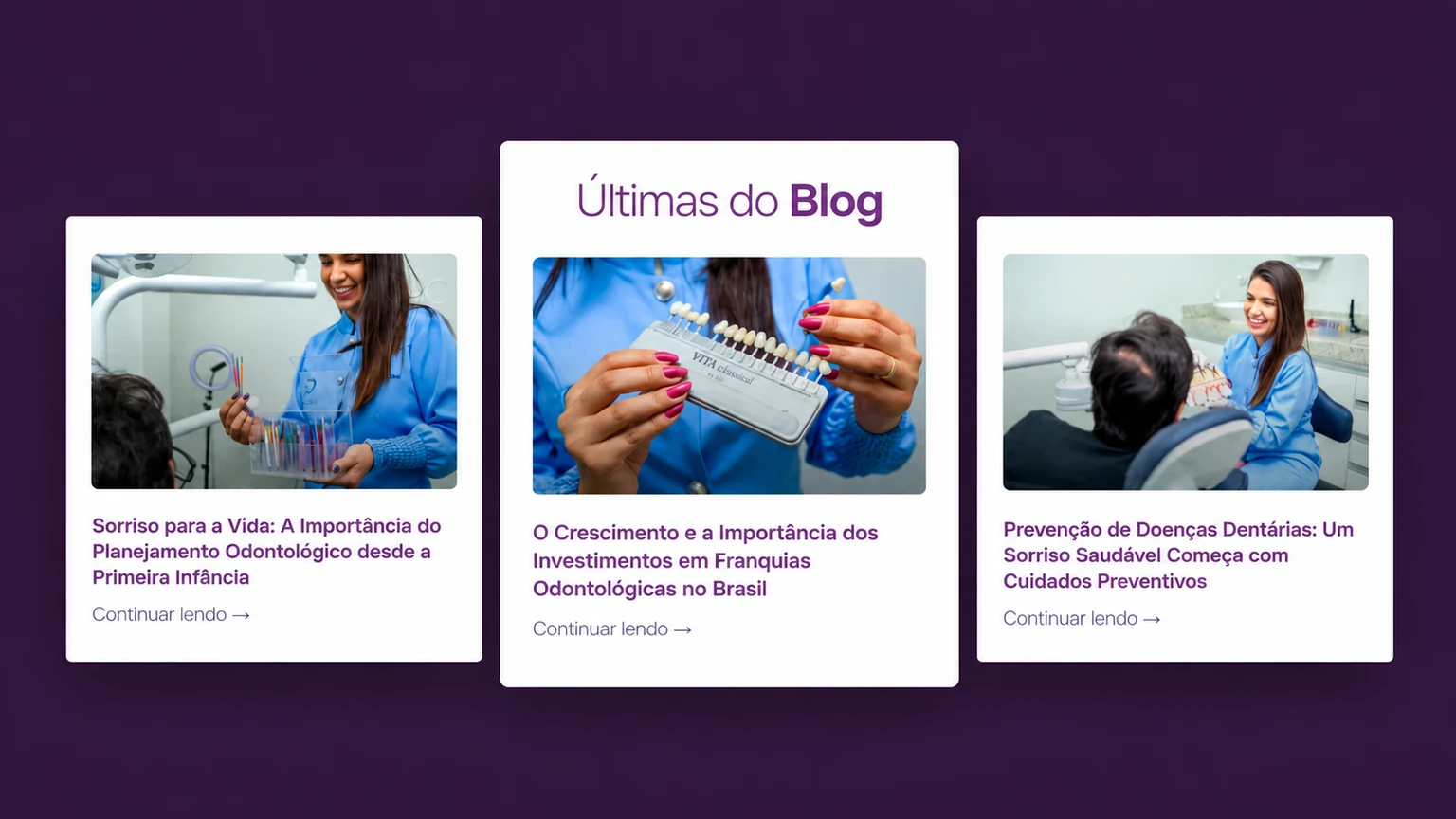 Três artigos odontológicos do blog da Oral Centter apresentados em cartões editoriais